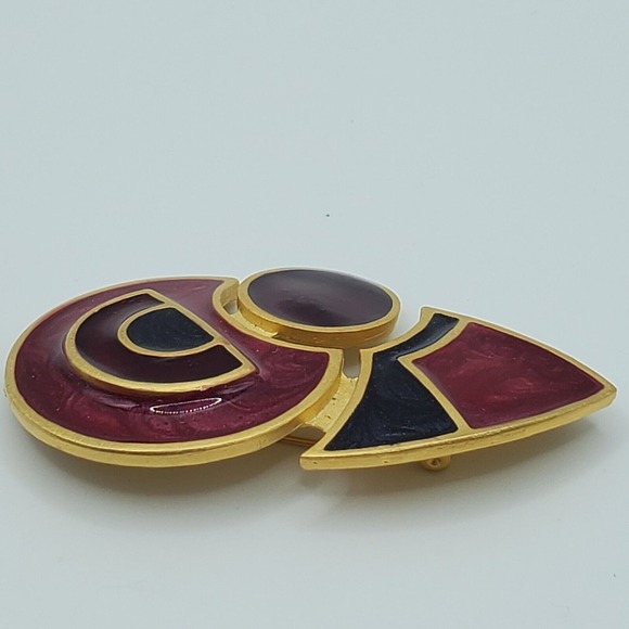 ACTV Vintage Enamel Brooch Gold Tone Geometric Modernist 80s Statement - Picture 3 of 10